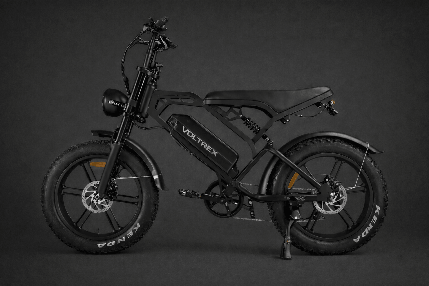 VOLTREX GRID electric bike with dual suspension, fat tires, dual seats, and 500w motor for versatile commuting and off-road riding