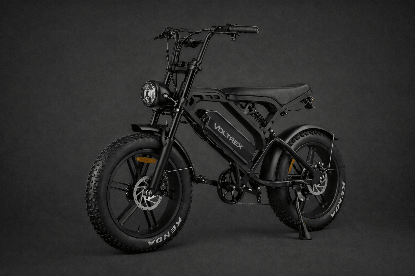 VOLTREX GRID electric bike with dual suspension, fat tires, dual seats, and front basket for versatile commuting and off-road riding