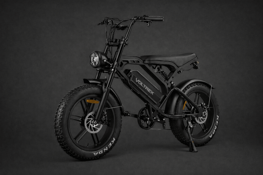 VOLTREX GRID electric bike with dual suspension, fat tires, dual seats, and front basket for versatile commuting and off-road riding