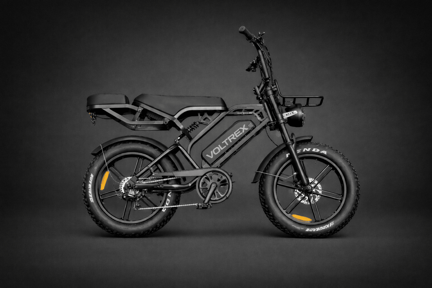 VOLTREX GRID electric bike with dual suspension, fat off-road tires, dual seats, and 500w motor for versatile everyday riding