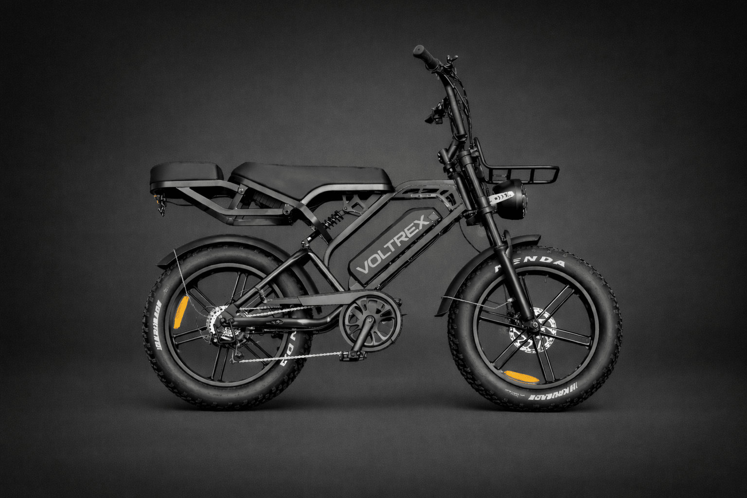 VOLTREX GRID electric bike with dual suspension, fat off-road tires, dual seats, and 500w motor for versatile everyday riding