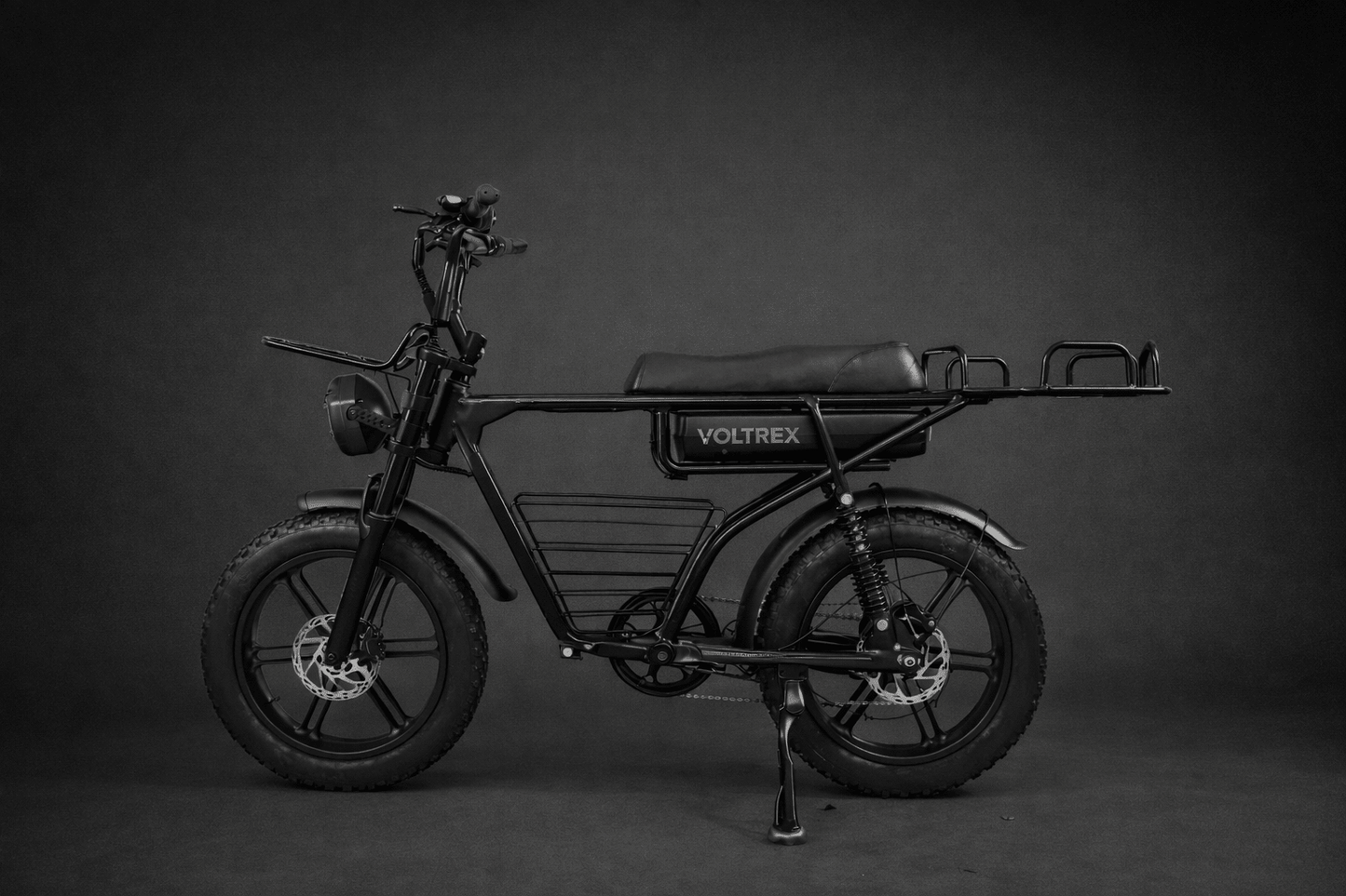 VOLTREX TORQ 1000 fat tyre electric bike with 1000W motor and 50L rear basket for commuting and off-road use
