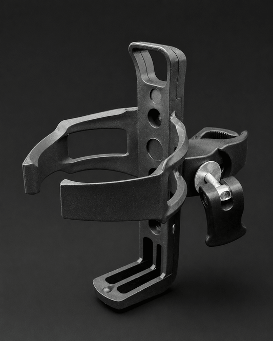 VOLTREX Bottle Holder mounted on bike handlebar with quick-release clamp and adjustable 360-degree rotation