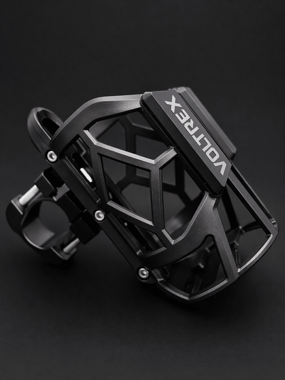 VOLTREX Bottle / Stubbie Holder black adjustable handlebar mount with anti-vibration inserts for bottles, cans, and stubbies