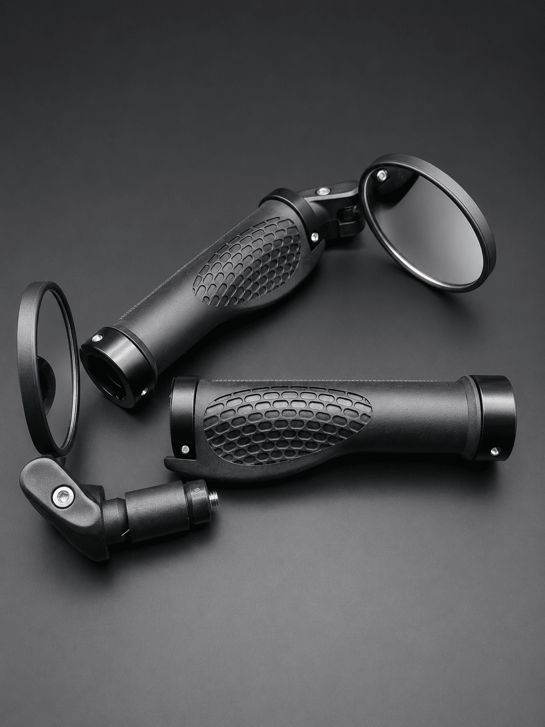 VOLTREX Comfort Grip & Mirror Set with ergonomic rubber grips and adjustable bar-end mirrors on bike handlebars