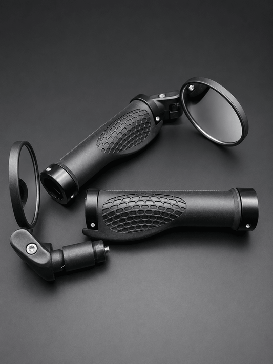 VOLTREX Comfort Grip & Mirror Set with ergonomic rubber grips and adjustable bar-end mirrors on bike handlebars