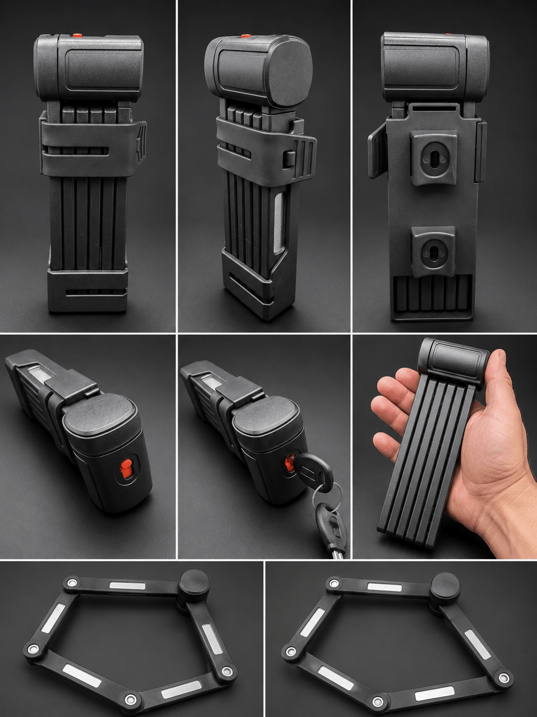 Compact black VOLTREX folding bike lock with mounting bracket and keys for e-bike, scooter, and bicycle security.
