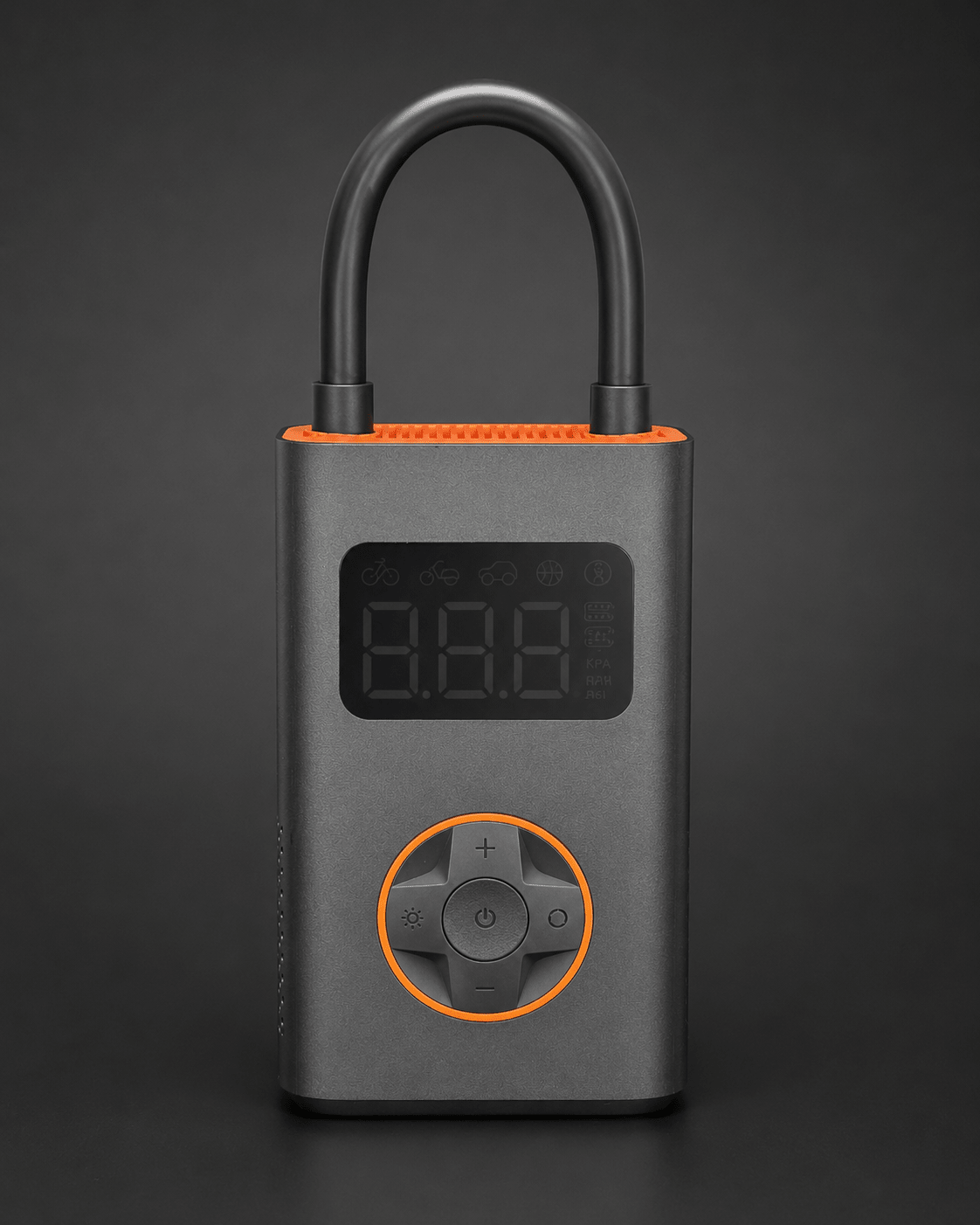 VOLTREX portable electric air pump with digital display, LED light, and Type-C charging for bikes and inflatables