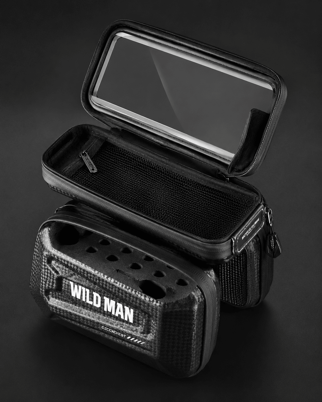 WILD MAN hard shell bike phone and storage bag with clear phone window and carbon-style finish mounted on bike frame