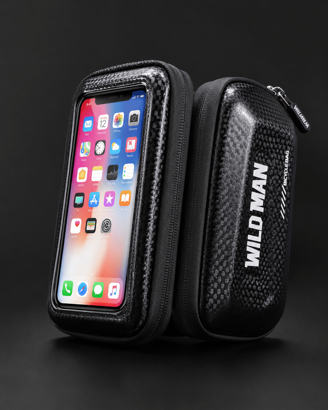 WILD MAN Hard Shell Bike Phone & Storage Bag with clear top phone window and padded storage compartment on black carbon-style bike frame mount