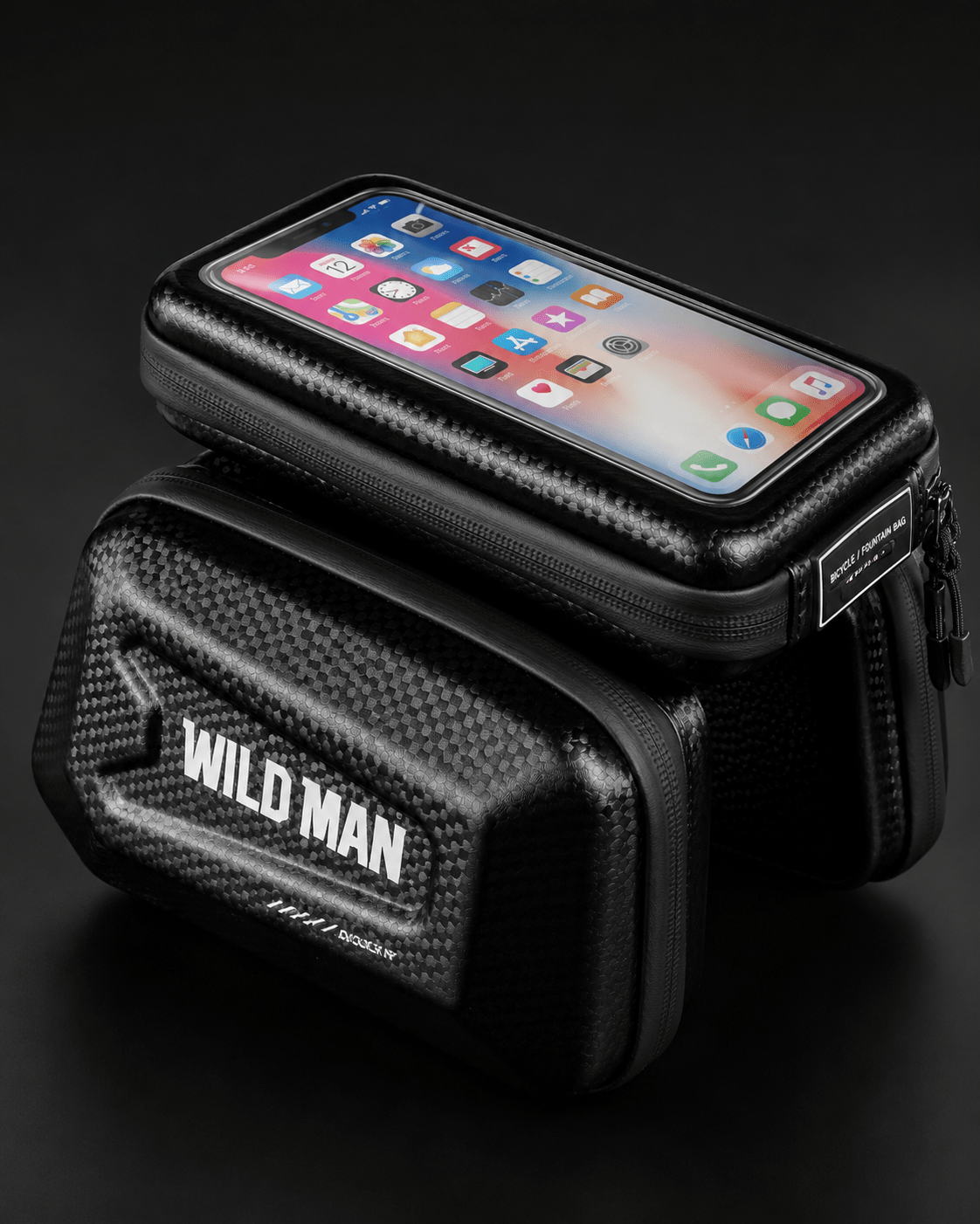 WILD MAN hard shell bike phone and storage bag with clear phone window and carbon-style finish mounted on bike frame