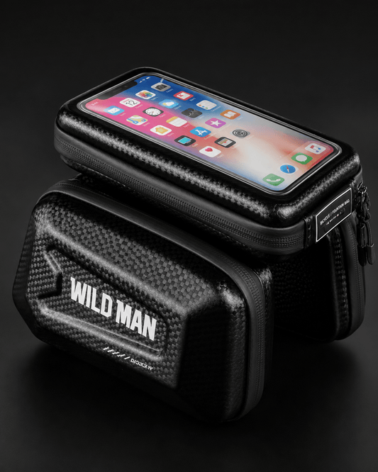 WILD MAN hard shell bike phone and storage bag with clear phone window and carbon-style finish mounted on bike frame