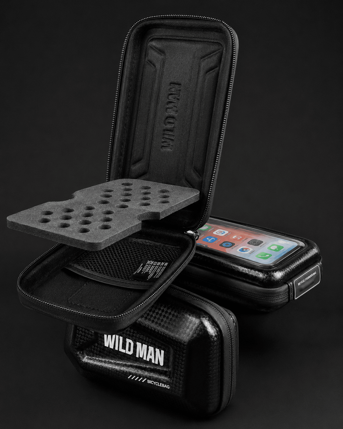 WILD MAN Hard Shell Bike Phone & Storage Bag with clear phone window and black carbon-style finish mounted on bike frame