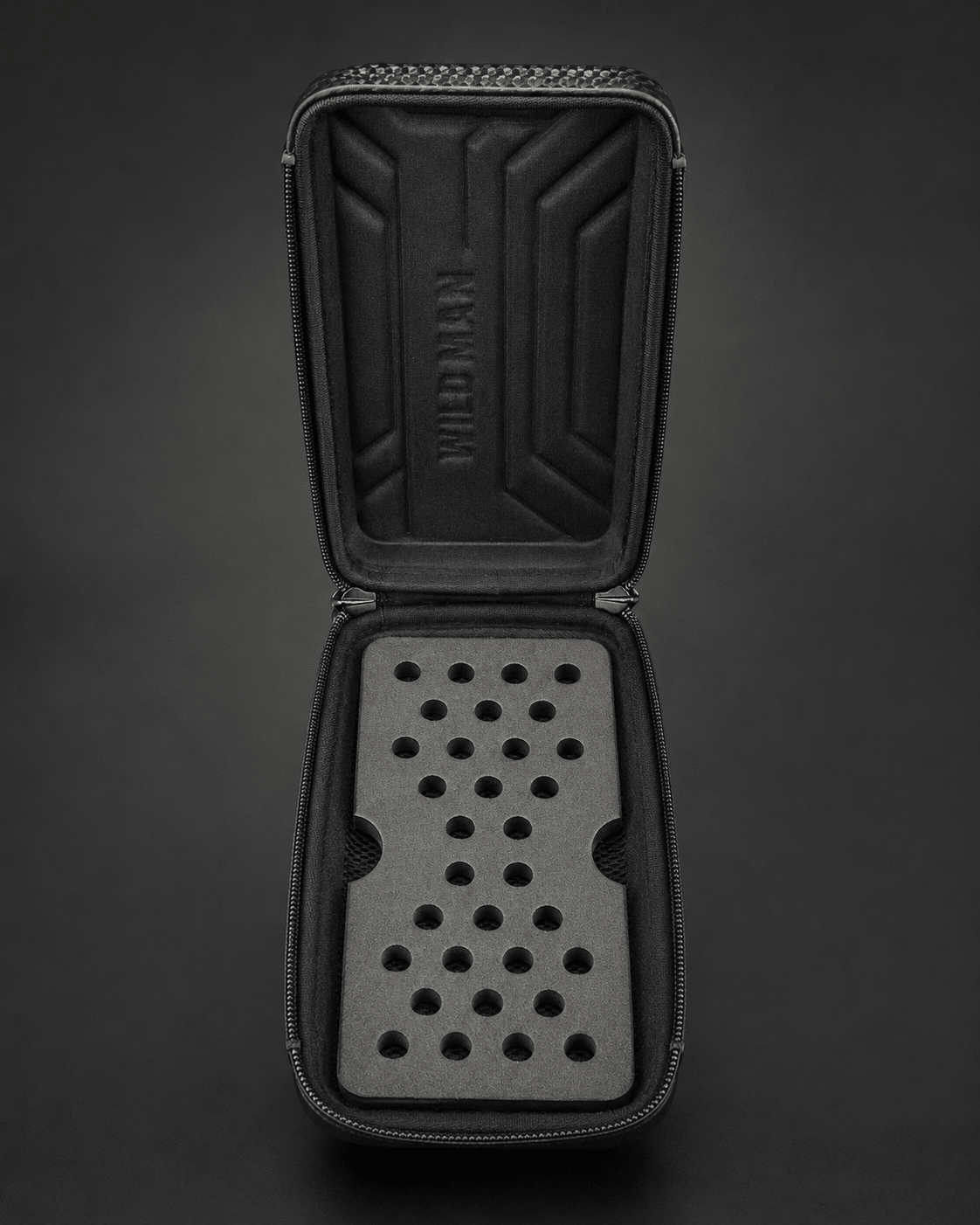 WILD MAN Hard Shell Bike Phone & Storage Bag with clear phone window and carbon-style finish mounted on bike frame